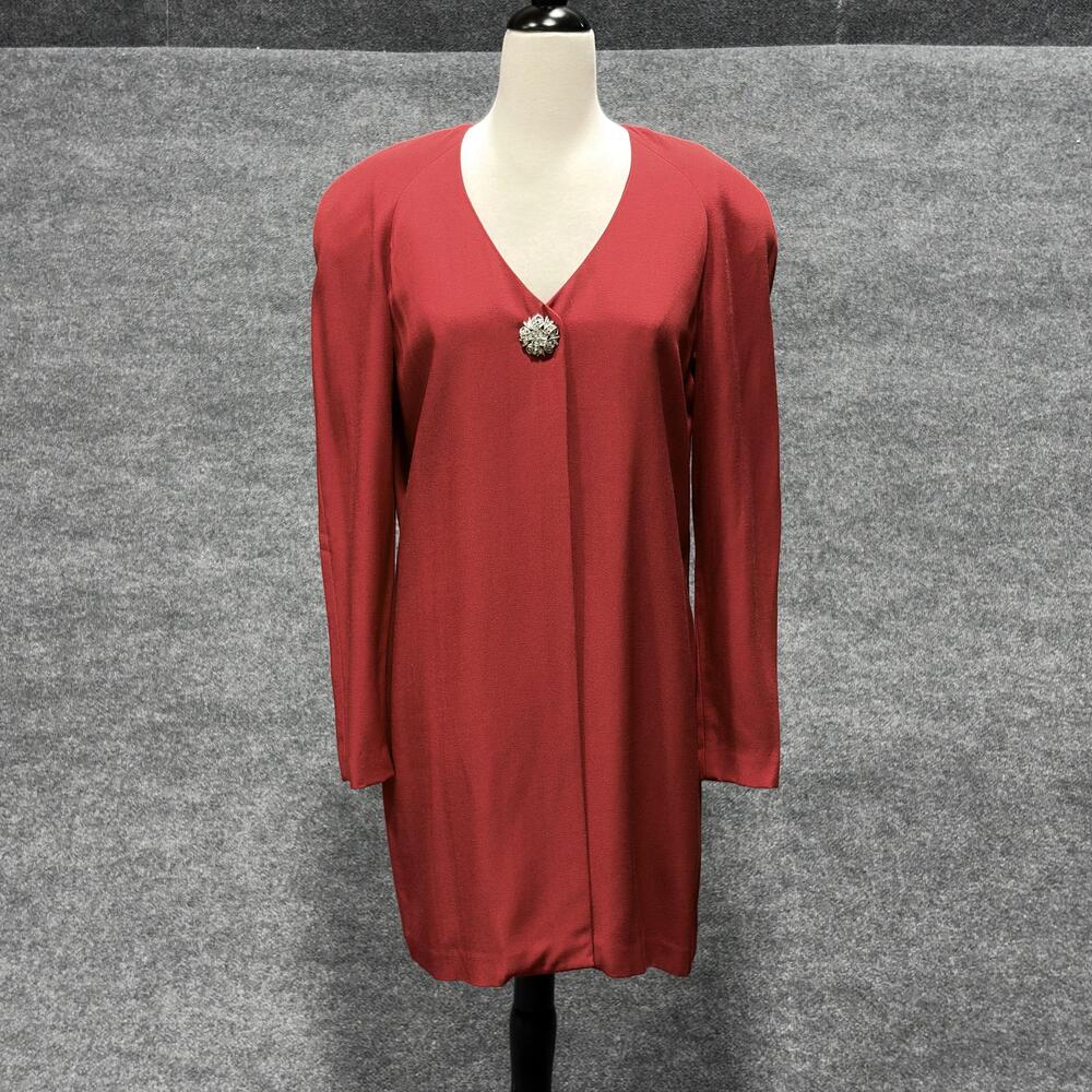 Anthony Sicari Dress Womens 8 Red Long Sleeve V Neck Brooch Made USA Shift